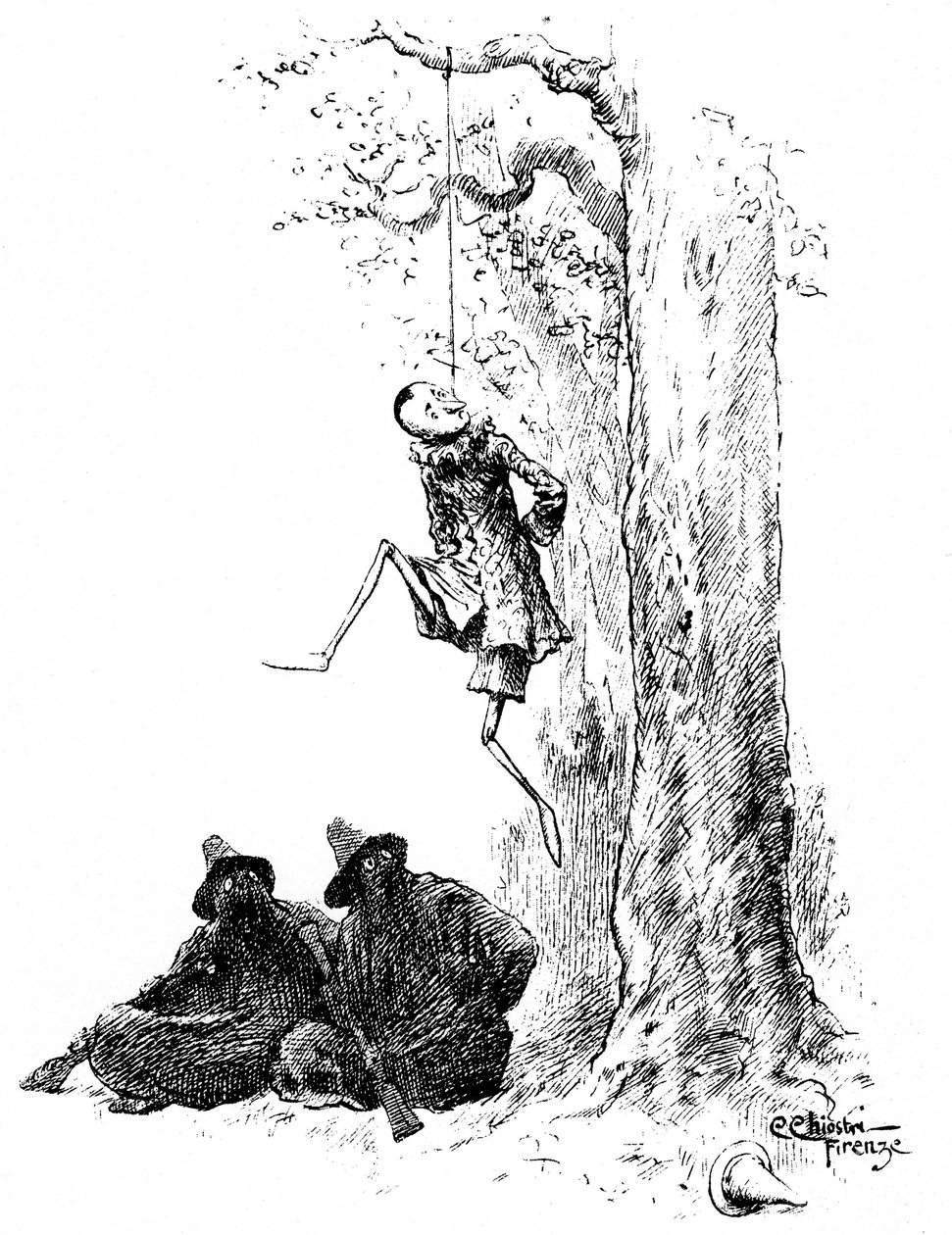 Pinokio – Carlo Chiostri (1863-1939), jeden z pierwszych włoskich ilustratorów dzieł Collodiego (Carlo Lorenzini). Drewnianą kukiełkę wiesza na drzewie dwóch bandytów (kot i zakamuflowany lis). Ten oryginalny rysunek Chiostri ma być komp autorstwa Carlo Chiostri