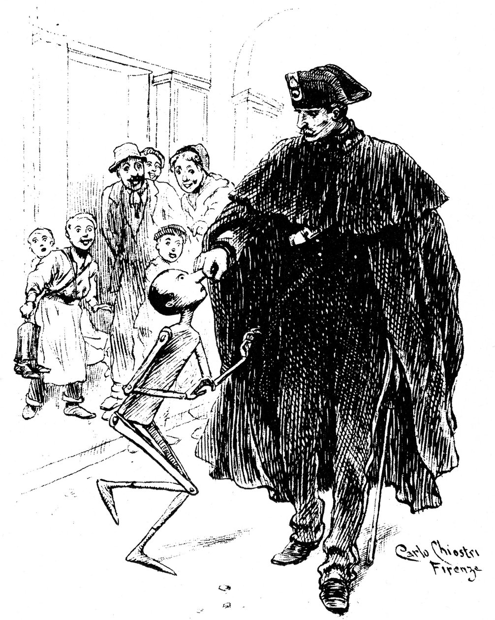 Pinokio – Carlo Chiostri (1863-1939), jeden z pierwszych włoskich ilustratorów dzieł Collodiego (Carlo Lorenzini). Policjant chwyta drewnianą kukiełkę przez nos, ma wielką radość ukochanej. Ten oryginalny rysunek Chiostri ma być ok autorstwa Carlo Chiostri