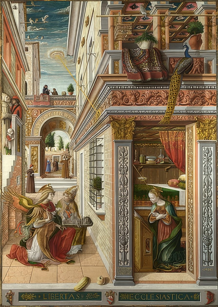 Zwiastowanie ze św. Emidiuszem. 1486 autorstwa Carlo Crivelli