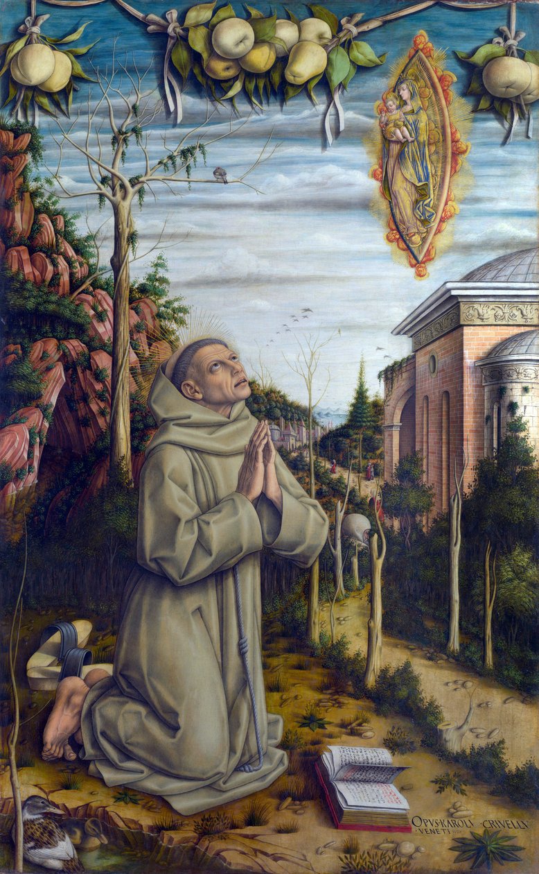 Wizja Błogosławionego Gabriela - Gabriele Ferretti (1385-1456), włoskiego franciszkanina ukazuje się Dziewica Maryja i Dzieciątko Jezus - Obraz Carlo Crivelli (ok. 1435- ok. 1495), tempera na desce (141x87 cm) autorstwa Carlo Crivelli