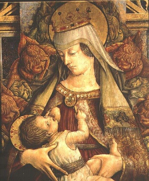 Madonna karmiąca dziecko, detal (tempera na panelu) autorstwa Carlo Crivelli