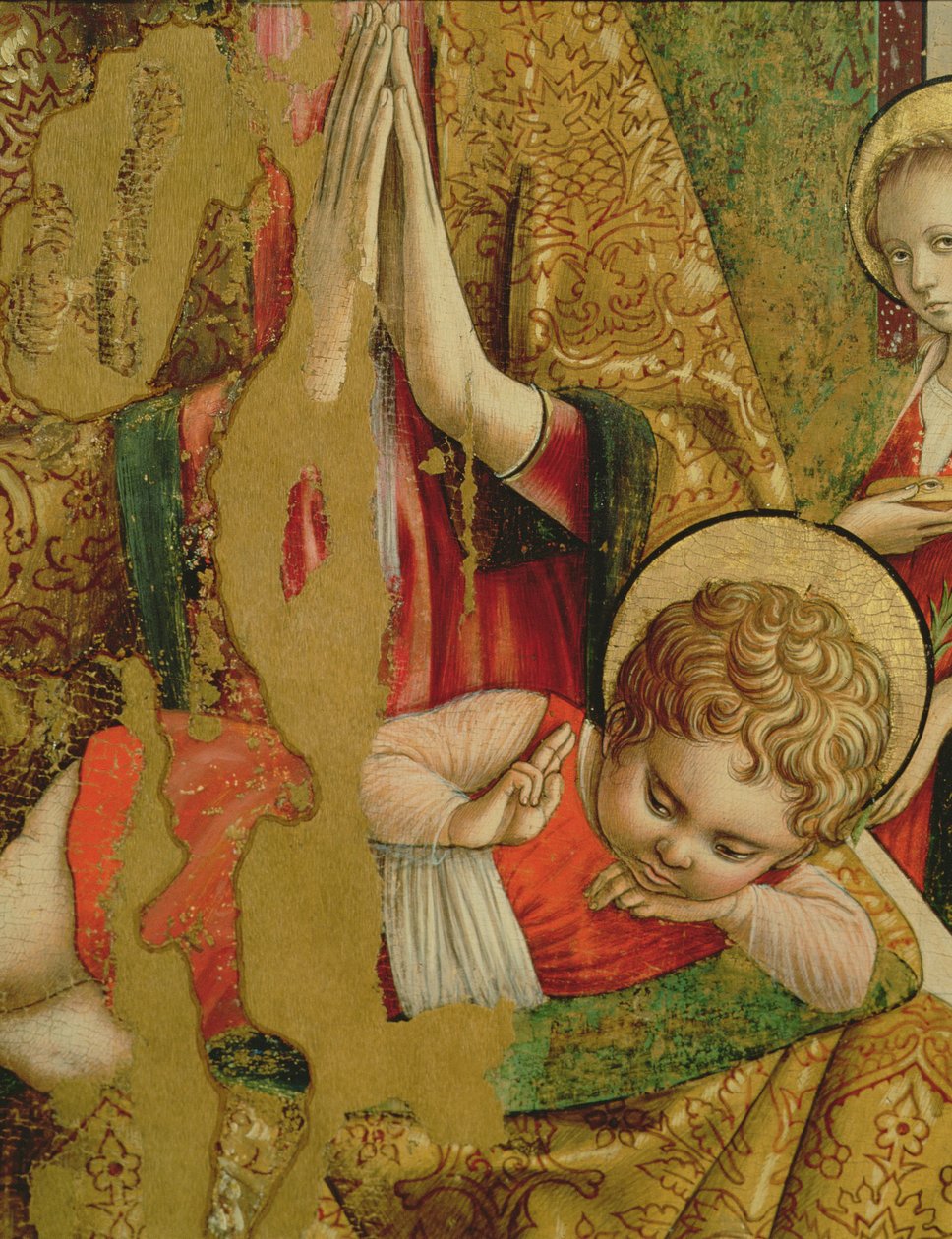 Madonna z Dzieciątkiem, detal Dzieciątka Jezus, z środkowego panelu drugiego tryptyku z tempera Valle Castellamo na fragmencie panelu z 76632 autorstwa Carlo Crivelli