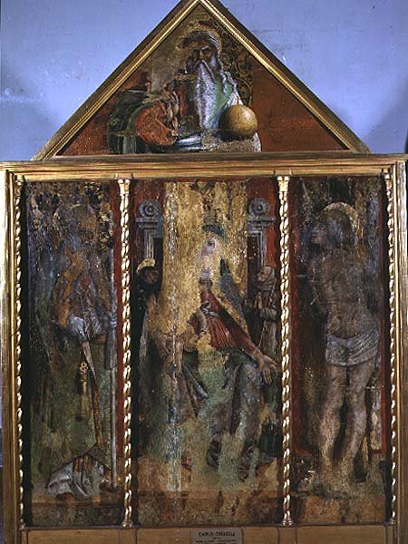 Madonna z Dzieciątkiem ze świętymi, pierwszy tryptyk Doliny Castellano (tempera na desce) autorstwa Carlo Crivelli