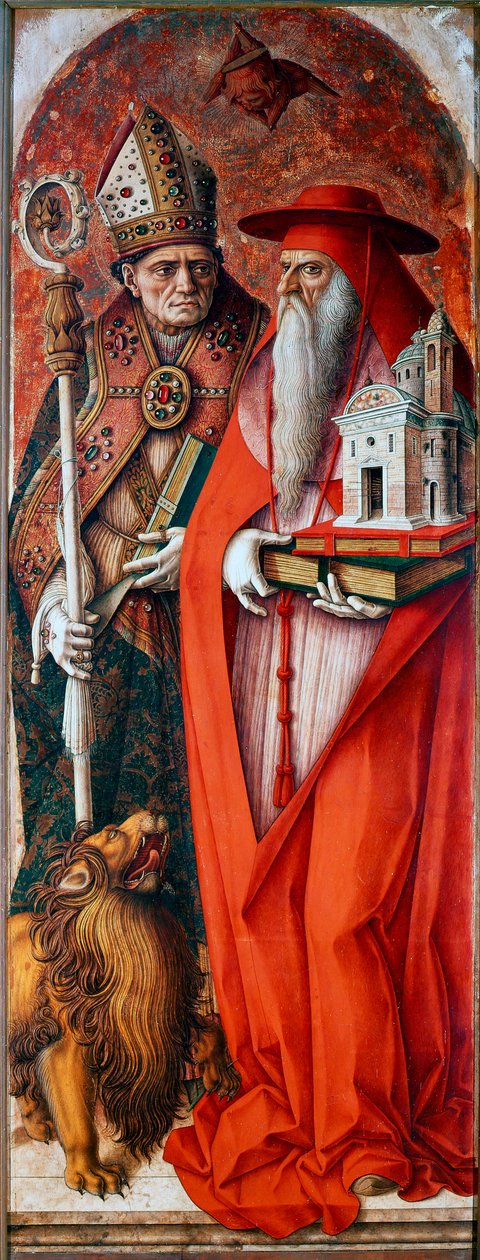 Poliptyk z Cathedrale of Camerino (Duomo di Camerino): św. Hieronim i św. Augustyn. Obraz Carlo Crivelli (1430 / 35-1494 / 1500). Tempera na drewnie autorstwa Carlo Crivelli