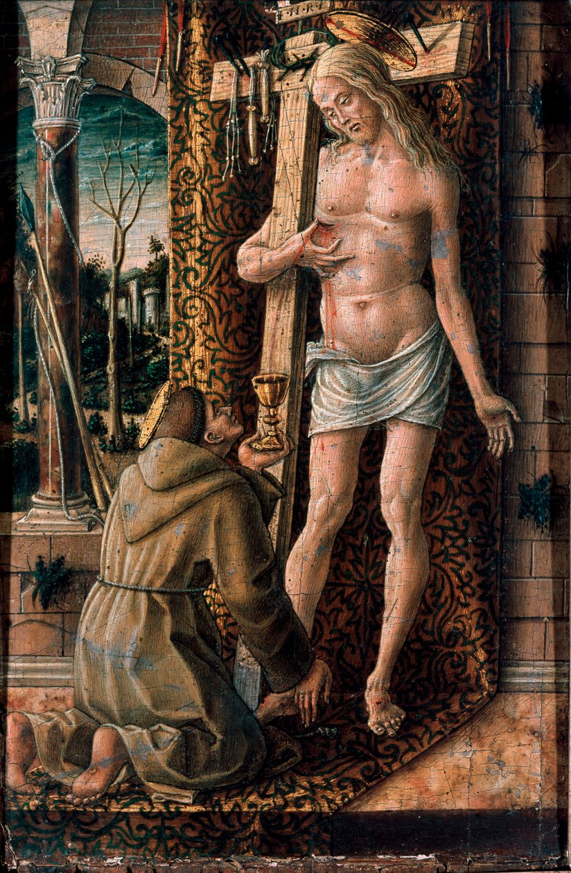 Św. Franciszek z Asyżu zbiera krew Chrystusa Drzeworyt autorstwa Carlo Crivelli (1430/35-1494/1500) 1480-1486 Nd. 19x13 cm Mediolan, Muzeum Poldi Pezzoli autorstwa Carlo Crivelli