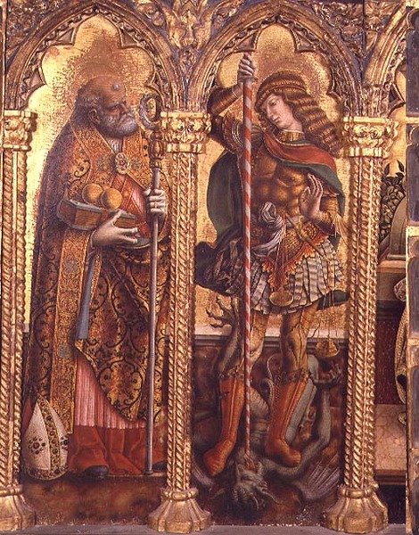 Św. Mikołaj i Św. Michał, fragment z poliptyku San Martino (tempera na desce) (zob. 76669) autorstwa Carlo Crivelli