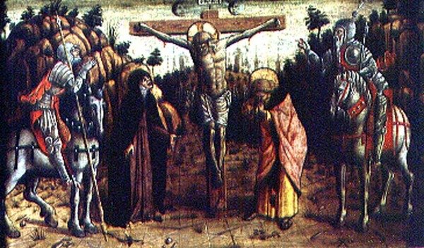Ukrzyżowanie, centralny lewy panel predella z poliptyku San Silvestro autorstwa Carlo Crivelli