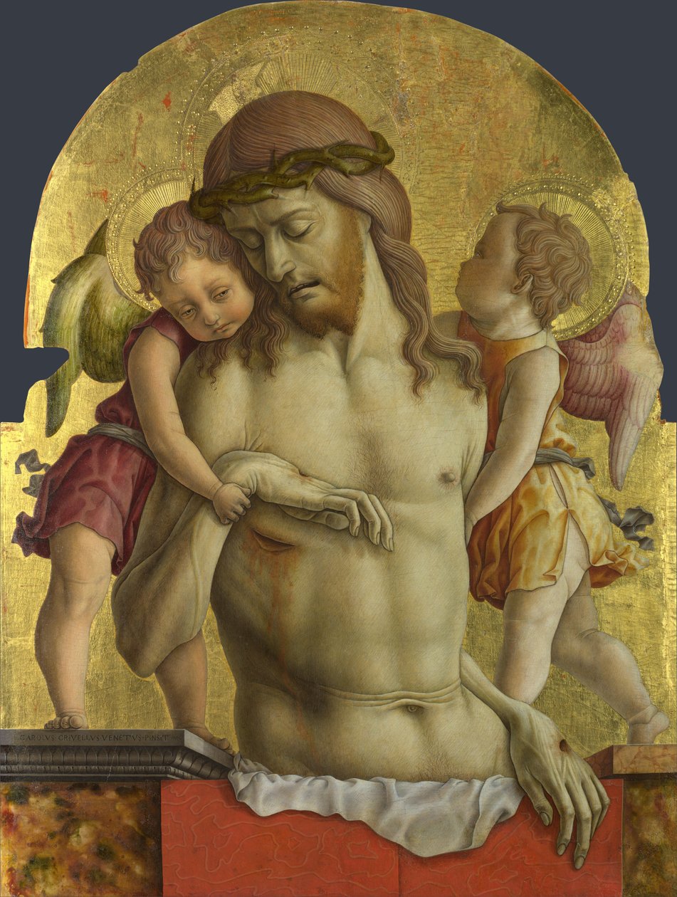 Martwy Chrystus podtrzymywany przez dwa anioły autorstwa Carlo Crivelli