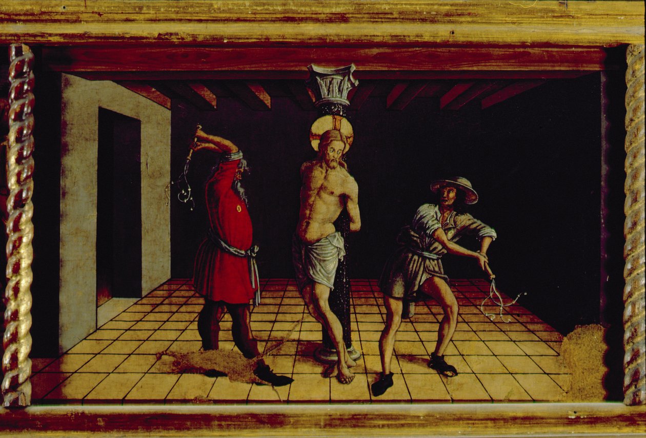 Biczowanie Chrystusa, środkowy prawy panel predelli z poliptyku San Silvestro, 1468 (tempera na płycie) (zob. 76657) autorstwa Carlo Crivelli