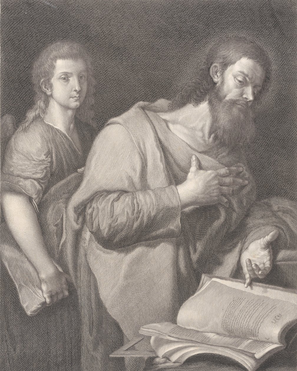 Św. Mateusz, stojąc przed księgą po prawej z ręką na piersi, inny mężczyzna będzie..., 1750-84 autorstwa Carlo Faucci