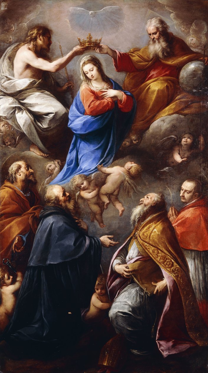 Koronacja Najświętszej Marii Panny ze świętymi Piotrem, Pawłem, Ambrożym i Karolem Boromeuszem autorstwa Carlo Francesco Nuvolone