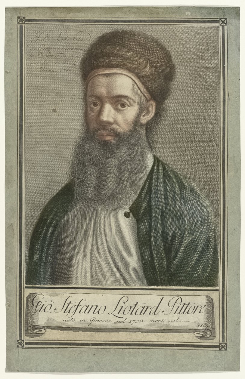 Portret malarza Jean-Etienne Liotarda w tureckim stroju z brodą i futrzanym kapeluszem Portrety artystów (tytuł serii) autorstwa Carlo Gregori (possibly)