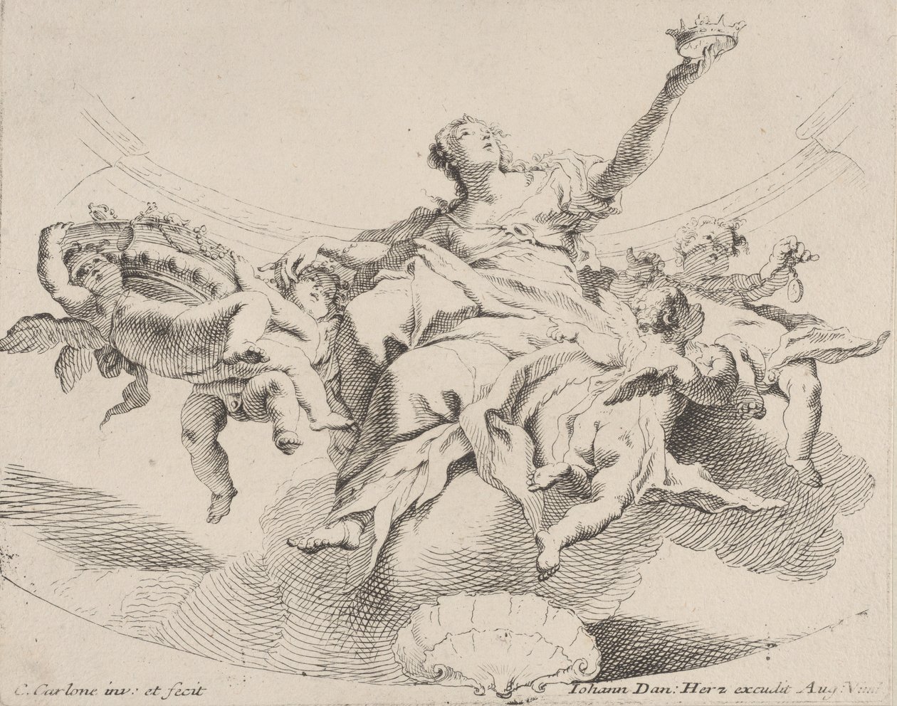 Moc, reprezentowana przez siedzącą na chmurach kobietę trzymającą koronę i otoczoną puttami,..., 1725-75. autorstwa Carlo Innocenzo Carloni