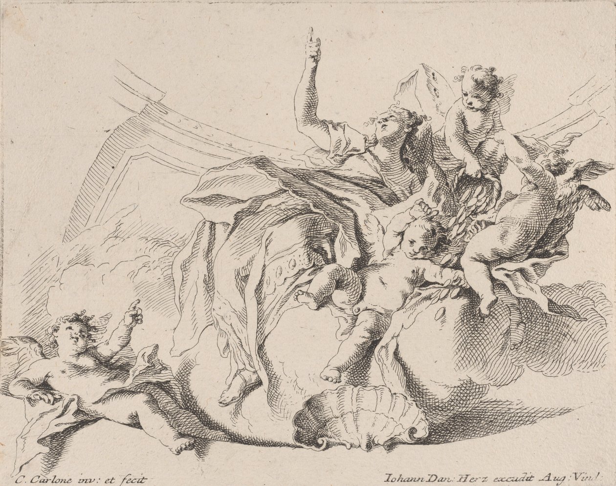 Bogactwo, reprezentowane przez kobietę siedzącą na chmurach i otoczoną puttami, z których jedną jest..., 1725-75. autorstwa Carlo Innocenzo Carloni