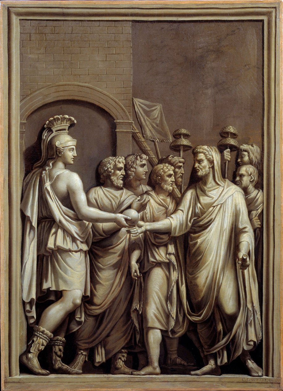 Starożytny Rzym: wojownik i mężczyzna w todze wymieniający kulę. Obraz Carlo Labruzzi (1748-1818) na podstawie płaskorzeźby rzymskiej. Brześć. Muzeum Sztuk Pięknych autorstwa Carlo Labruzzi