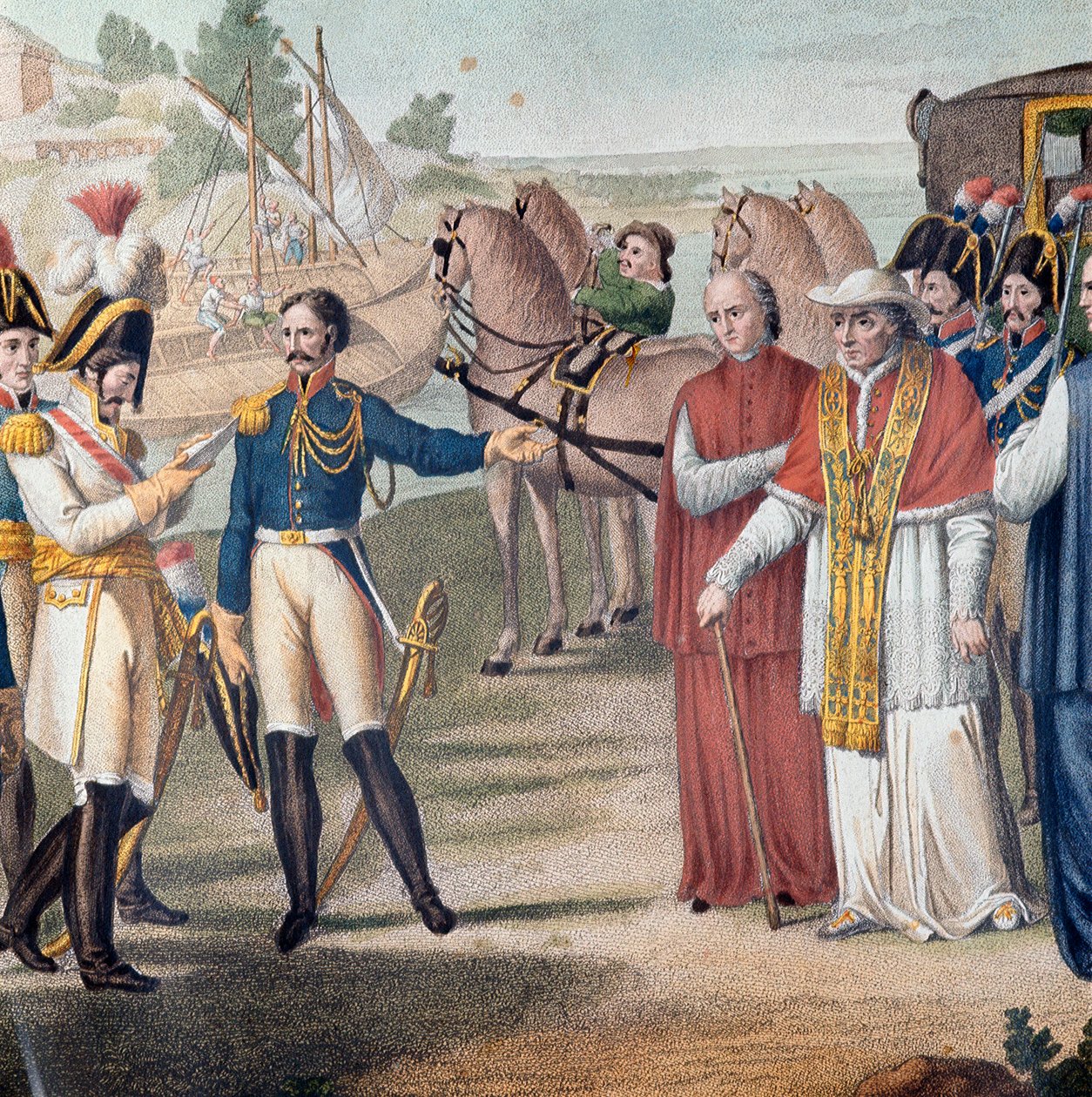 Papież Pius VII (Pio) (1742-1823) został aresztowany po powrocie do Włoch przez armię austro-neapolitańską pod Parmą 25 marca 1814 r. - Grawerowanie autorstwa Carlo Lasinio (1759-1838) - Litografia kolorowa (aresztowanie papieża Piusa VII (1742-1823) po po autorstwa Carlo Lasinio