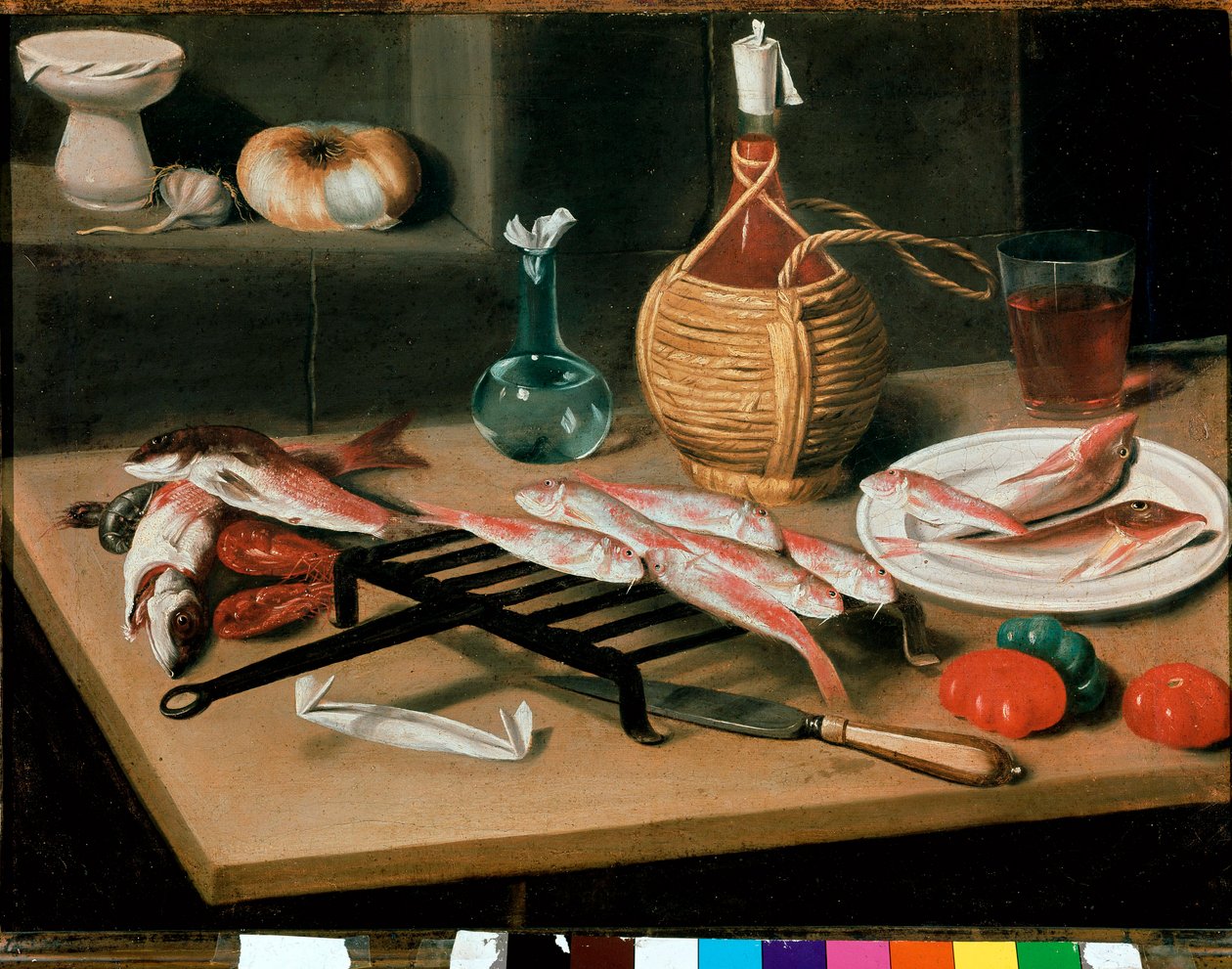 Martwa natura Stół z grillowanymi talerzami rybnymi (cefal) i butelką wina (damigiana). Obraz Carlo Magini (1720-1806). Faenza, Pinacoteca comunale autorstwa Carlo Magini