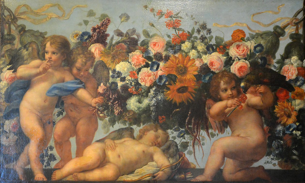 Francuski:  Amour et guirlande de fleurs avec perroquet Kupidyny i girlandy kwiatów z papugą autorstwa Carlo Maratta