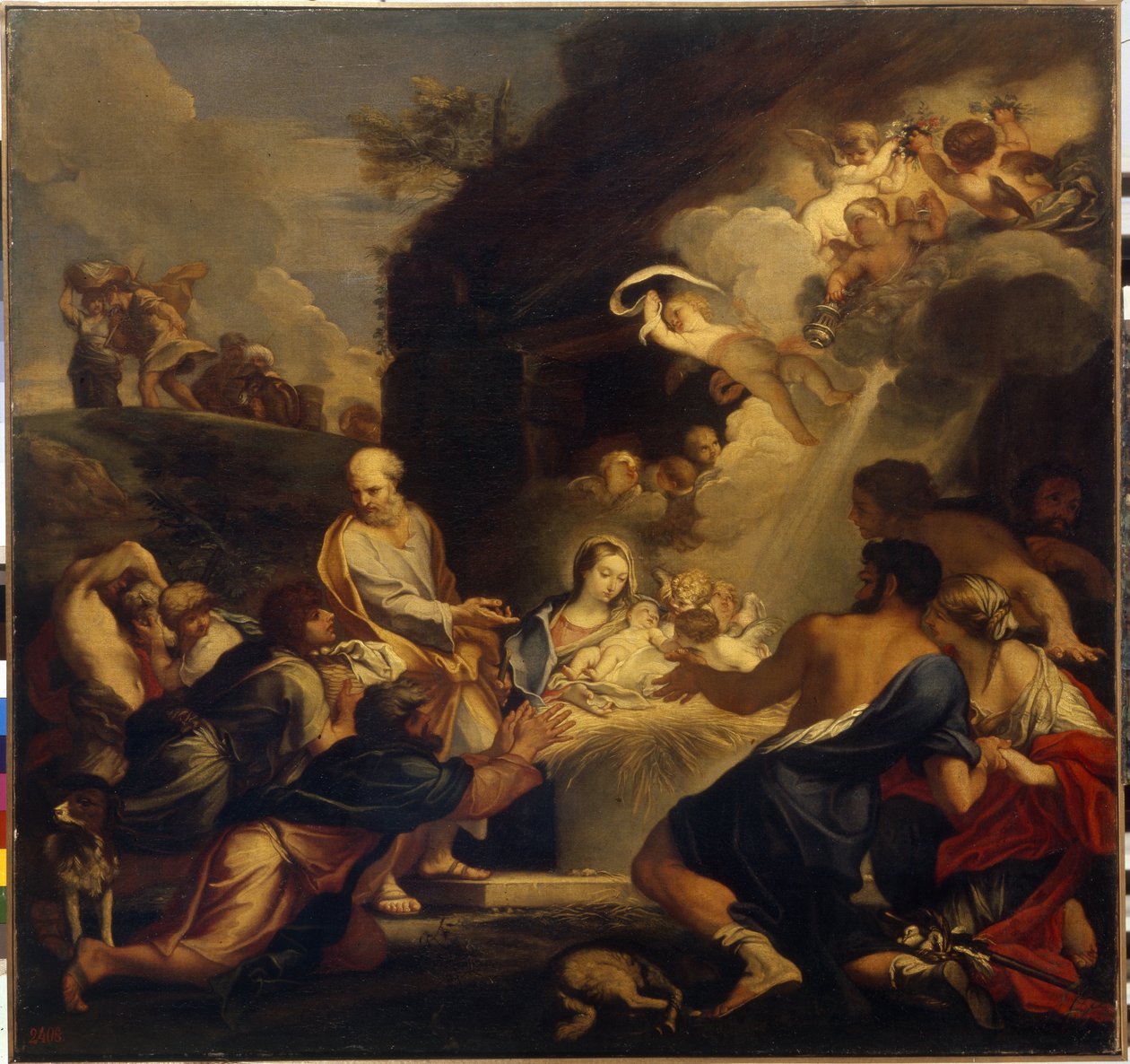Adoracja Dzieciątka Jezus. Święta Rodzina przedstawia pasterzom noworodka pod chmurą światła i aniołów. Obraz Carlo Maratta (1625-1713), olej na płótnie. Sztuka talianska (Rzym) autorstwa Carlo Maratta or Maratti