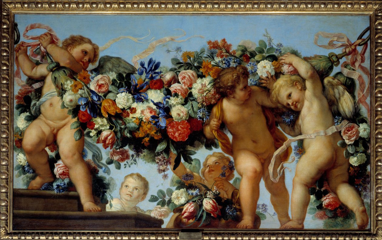 Miłość i girlandy kwiatów Malarstwo Carlo Maratta (1625-1713) XVII-wieczne słońce. 1,06x1,73 m² autorstwa Carlo Maratta or Maratti