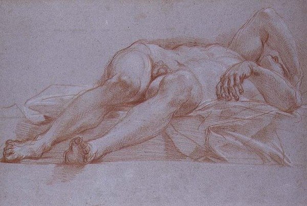 Studium do figury Sysery, kreda na papierze, ok. 1680: wstępny rysunek do mozaiki Jael i Sysery do kaplicy Ofiarowania w Bazylice św. Piotra w Rzymie. autorstwa Carlo Maratta or Maratti