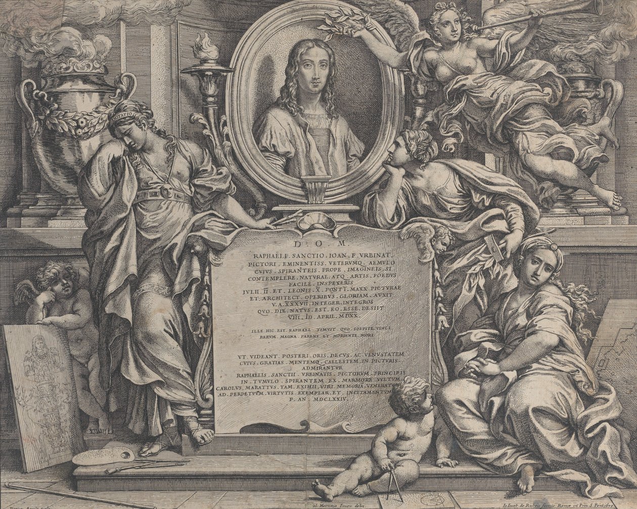 Frontyspis z owalnym portretem Rafaela, z trzema alegorycznymi postaciami Sztuki sup..., 1675. autorstwa Carlo Maratti
