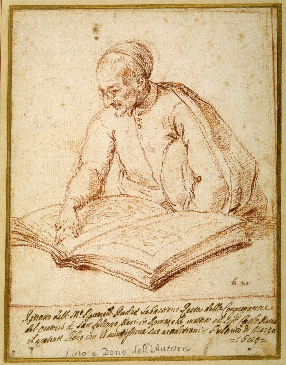 Ojciec Sebastiano Resta ogląda folio z rysunkami (czerwona kreda na papierze) autorstwa Carlo Maratti
