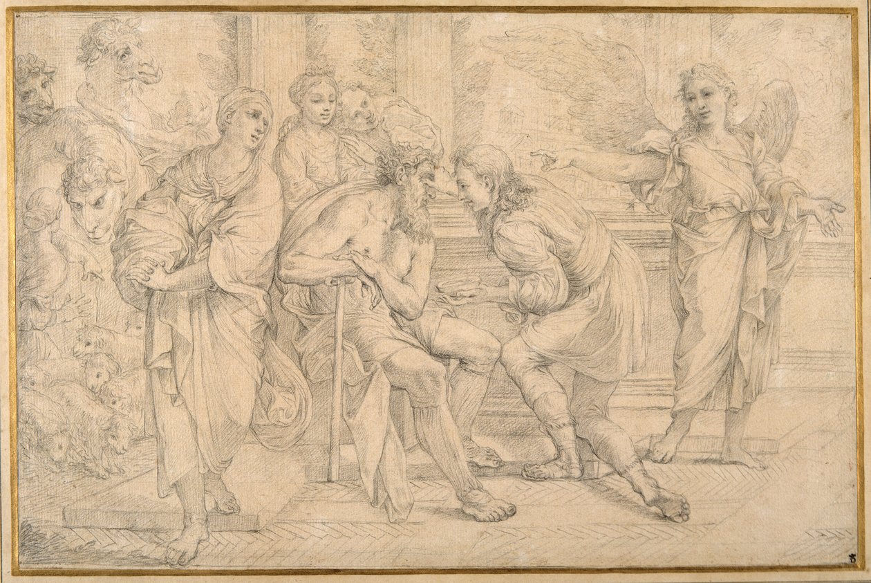 Tobiasz uzdrawiający ślepotę Tobiasza żółcią ryby (czarna kreda na papierze) autorstwa Carlo Maratti