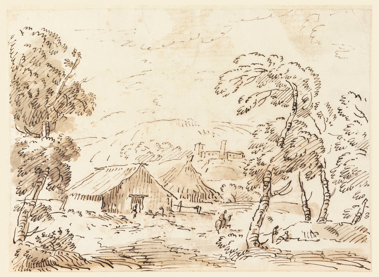 Rysunek, Dom chłopski i zamek na górzystym terenie, 1762-1786 autorstwa Carlo Marchionni