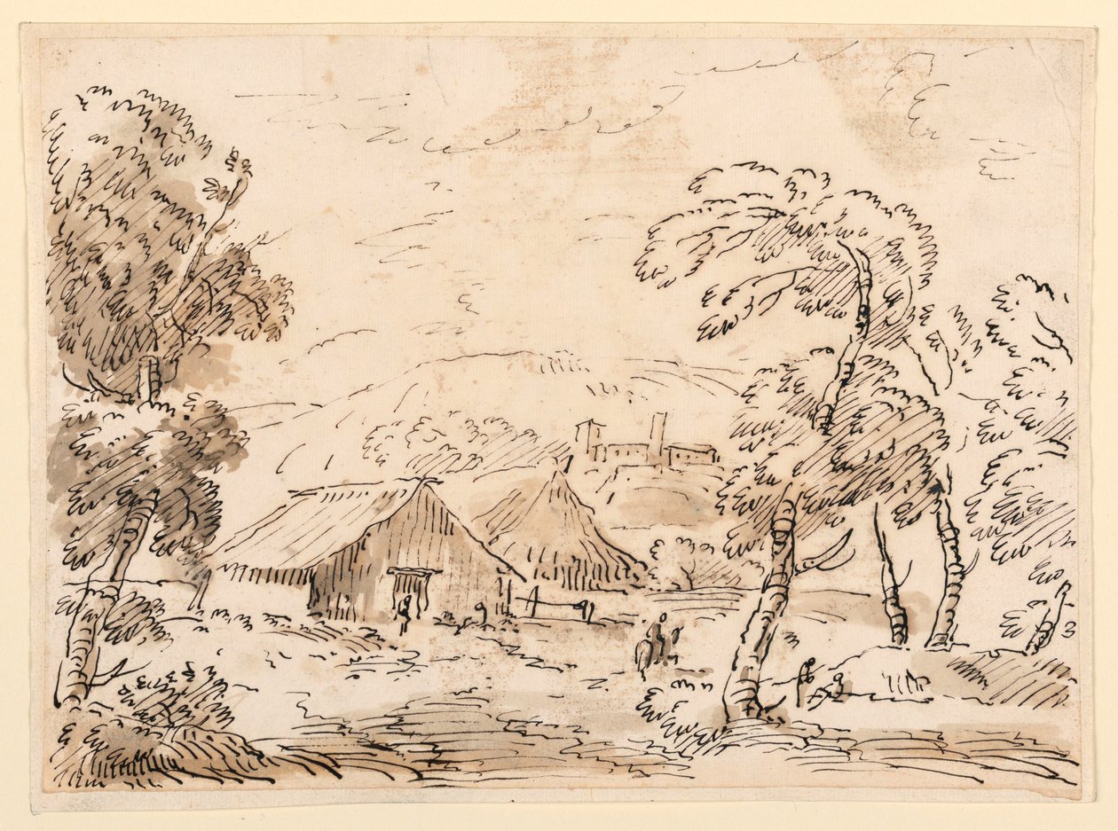 Rysunek, Dom chłopski i zamek na górzystym terenie, 1762-1786 autorstwa Carlo Marchionni