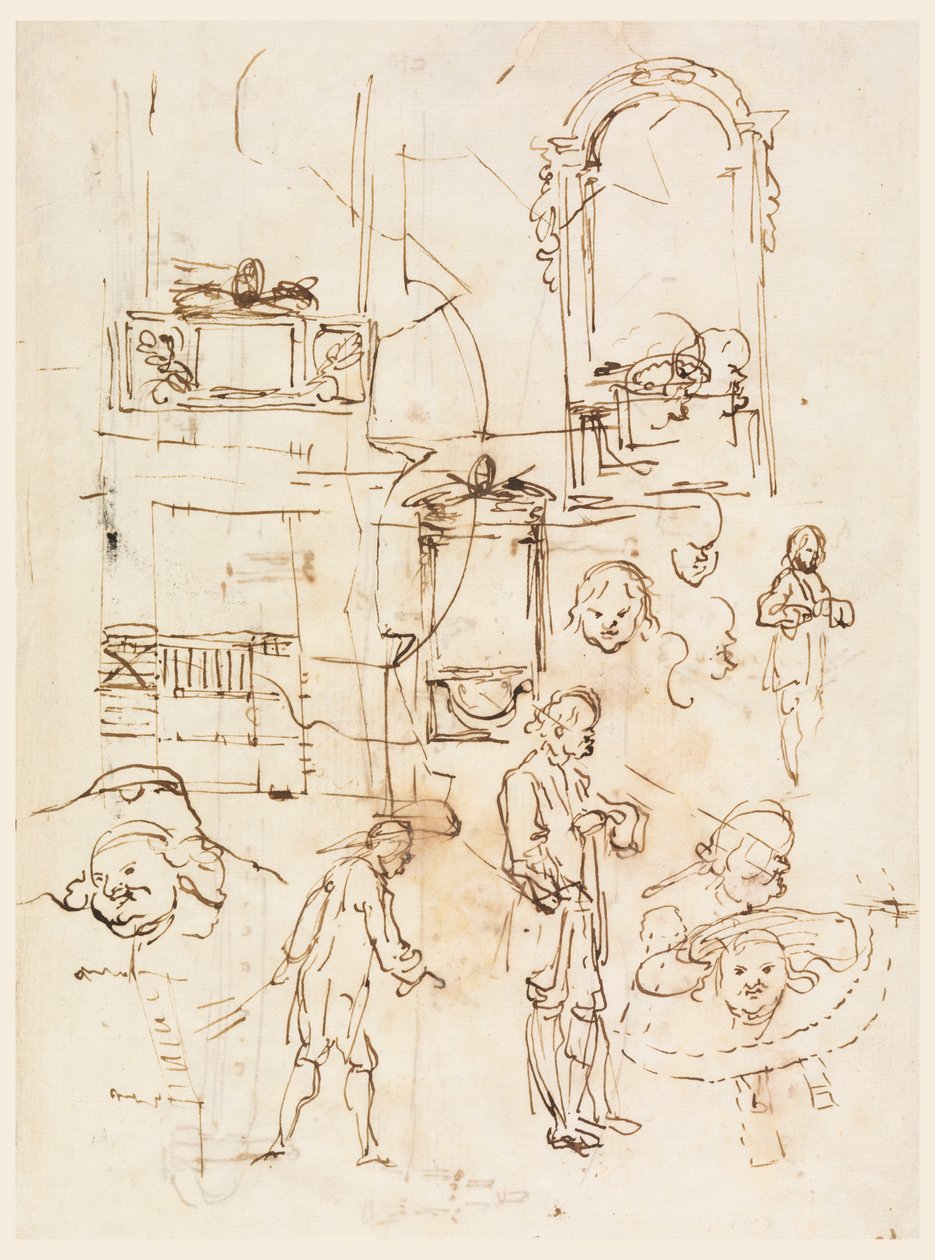 Rysunek, szkice architektoniczne i figuralne, ok. 1760 r. autorstwa Carlo Marchionni