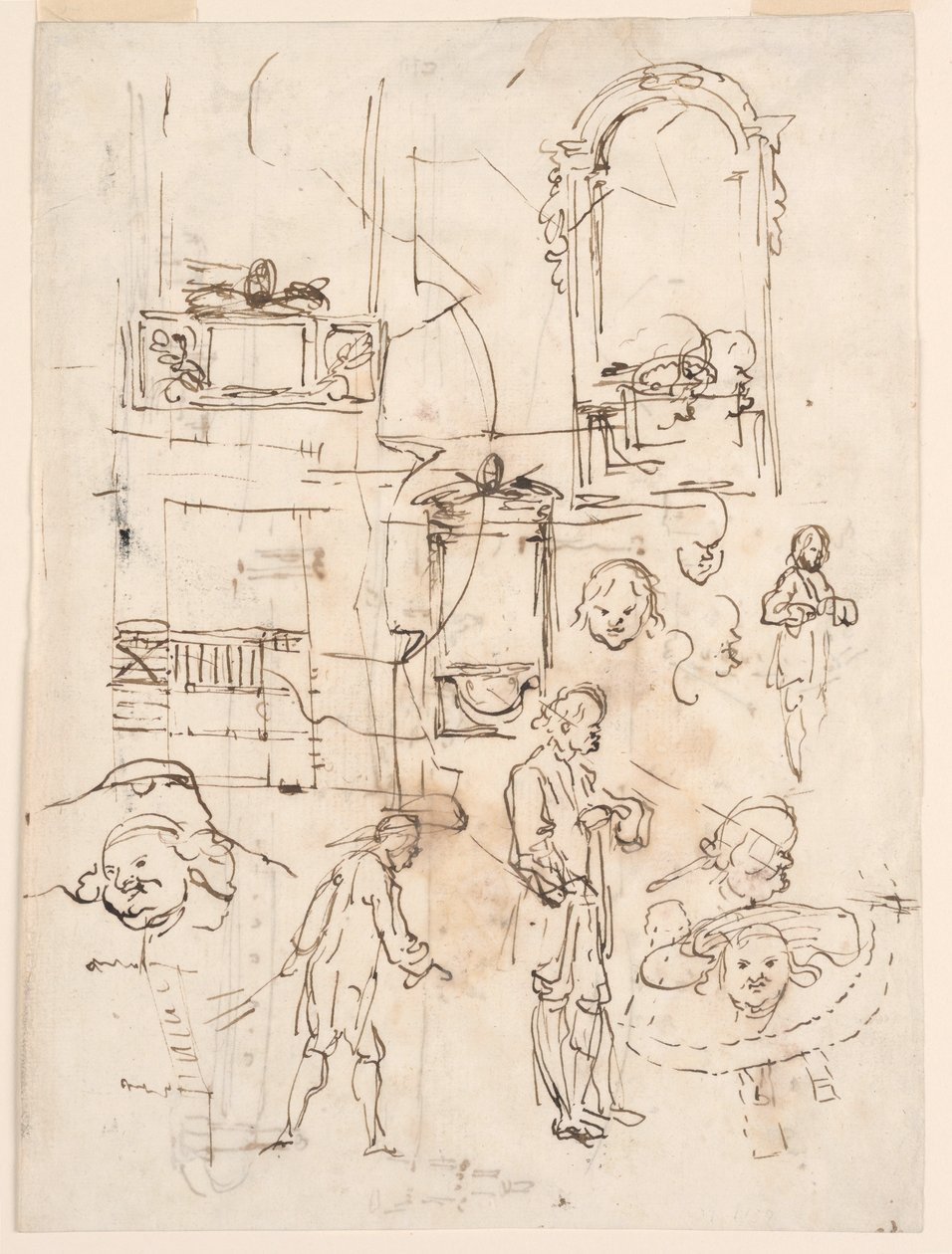 Rysunek, szkice architektoniczne i figuralne, ok. 1760 r. autorstwa Carlo Marchionni