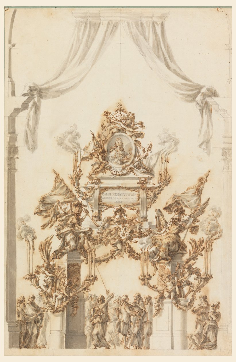 Rysunek, projekt katafalku dla Karola Emanuela III z Sardynii, 1773 r. autorstwa Carlo Marchionni