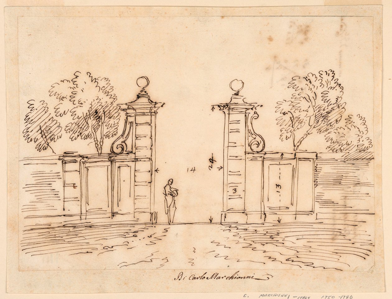 Rysunek, projekt bramy willi, 1750-55 autorstwa Carlo Marchionni