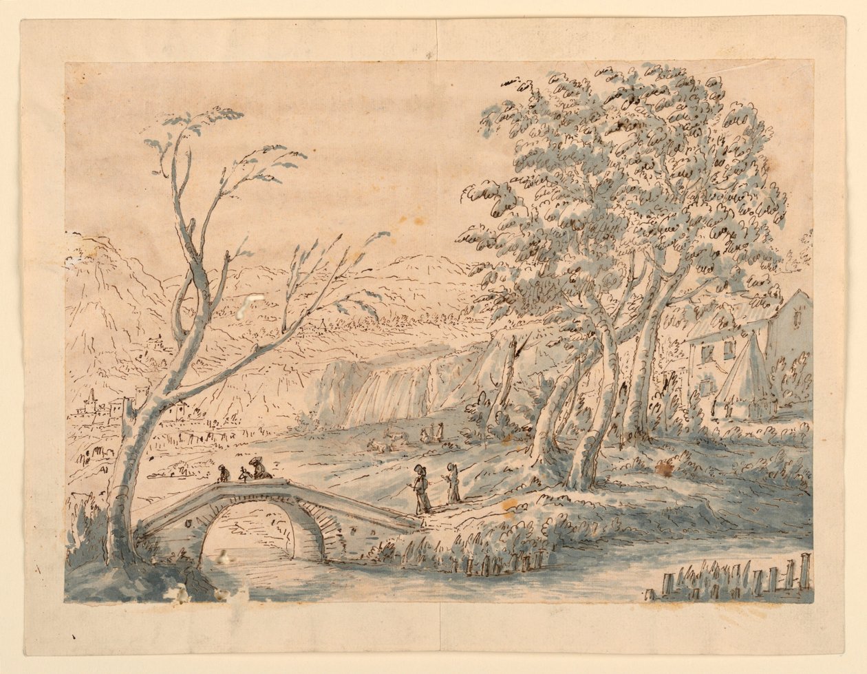 Rysunek, Krajobraz z mostem, 1770-1786 autorstwa Carlo Marchionni