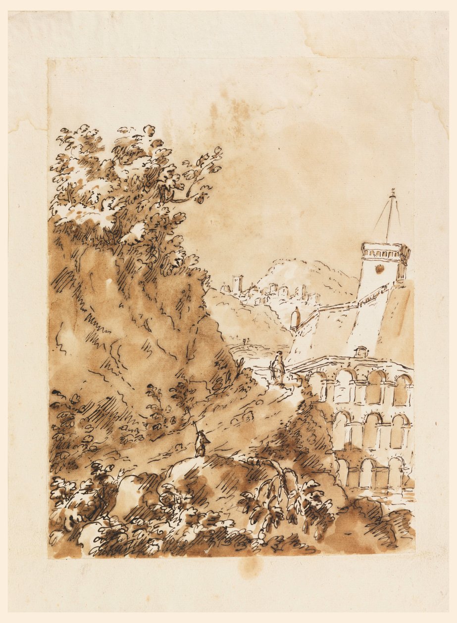 Rysunek, Krajobraz z górskim miastem, 1760-80 autorstwa Carlo Marchionni