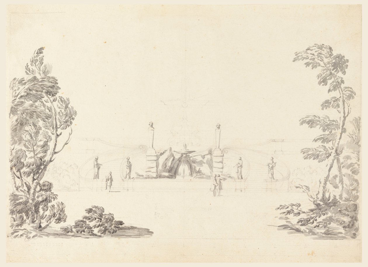 Rysunek, szkic fontanny w parku, 1740 r. autorstwa Carlo Marchionni