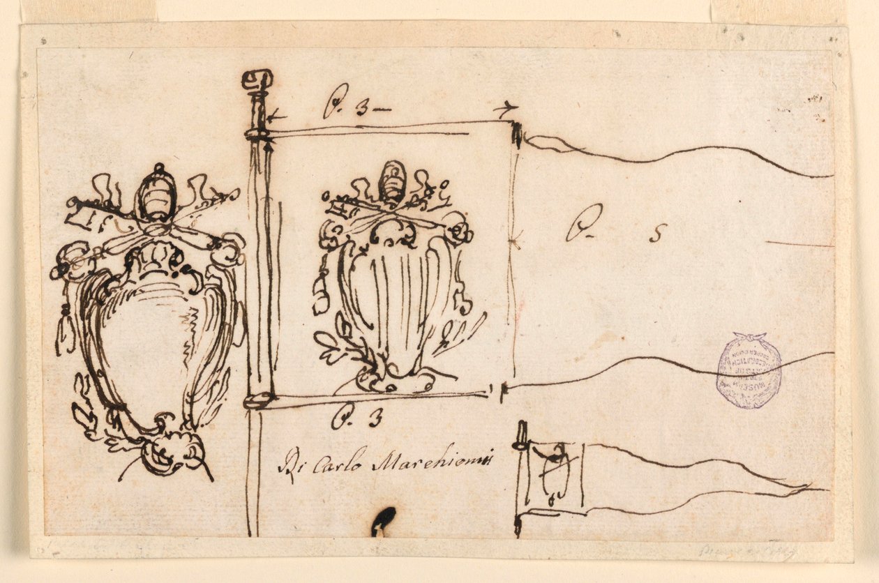 Rysunek, Trzy szkice do sztandaru papieża Benedykta XIV, 1740-58 autorstwa Carlo Marchionni