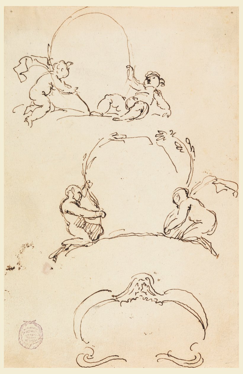 Rysunek, Trzy szkice kartuszy, przed 1775 r. autorstwa Carlo Marchionni