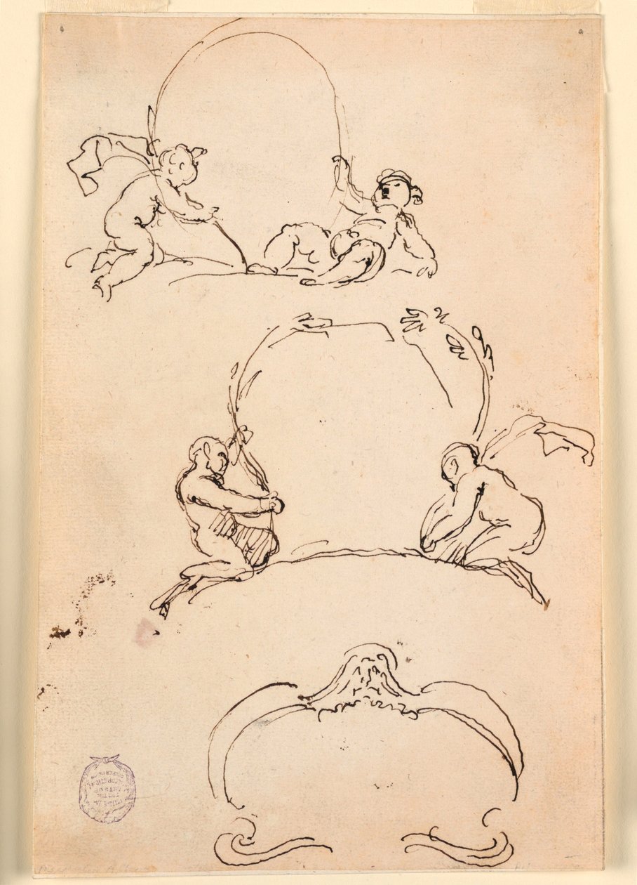 Rysunek, Trzy szkice kartuszy, przed 1775 r. autorstwa Carlo Marchionni