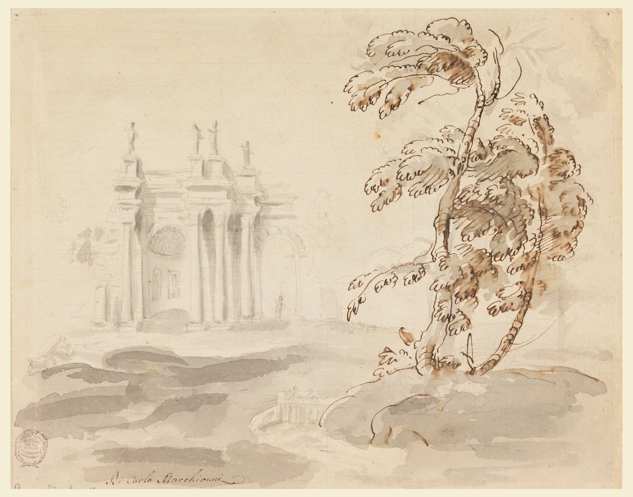 Rysunek, Drzewo w krajobrazie z budynkiem, 1756-78 autorstwa Carlo Marchionni