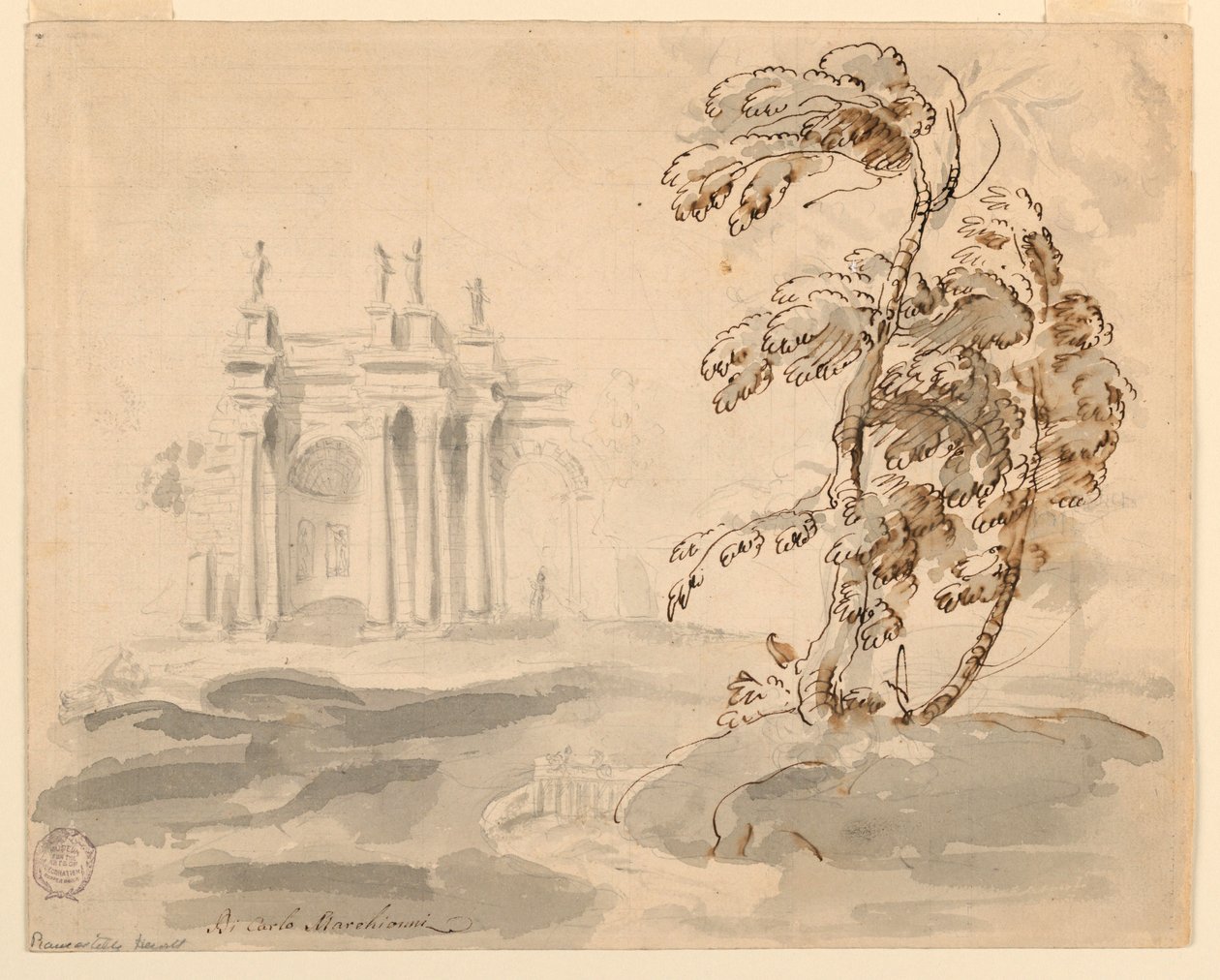 Rysunek, Drzewo w krajobrazie z budynkiem, 1756-78 autorstwa Carlo Marchionni