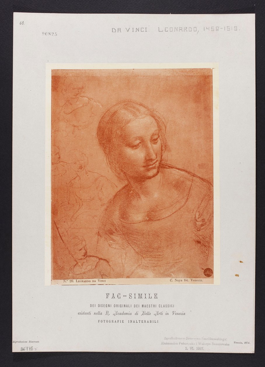 Studie eines weiblichen Büstenbildes, Zeichnung von Leonardo da Vinci (1452-1519) aus der Sammlung der R. Accademia di Belle Arti in Venedig; Tafel aus der Mappe: "Fac-simile dei disegni originali dei maestri classici esistenti nella R. Academia di Belle A autorstwa Carlo Naya