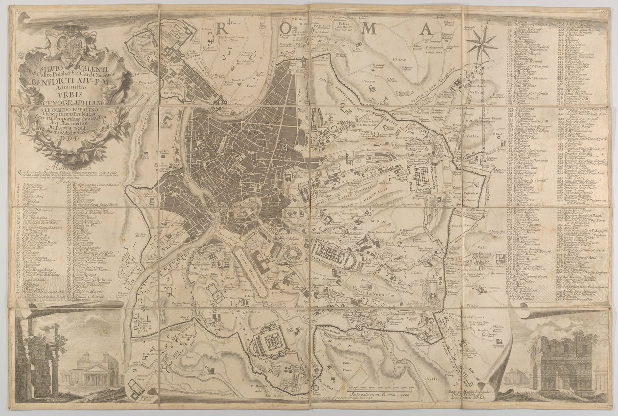 Plan starożytnego Rzymu z widokiem na Panteon na dole po lewej i łuk triumfalny na dole..., 1748 autorstwa Carlo Nolli