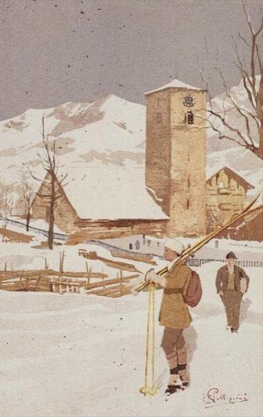 Widok na Adelboden, Szwajcaria (kolor lito) autorstwa Carlo Pellegrini
