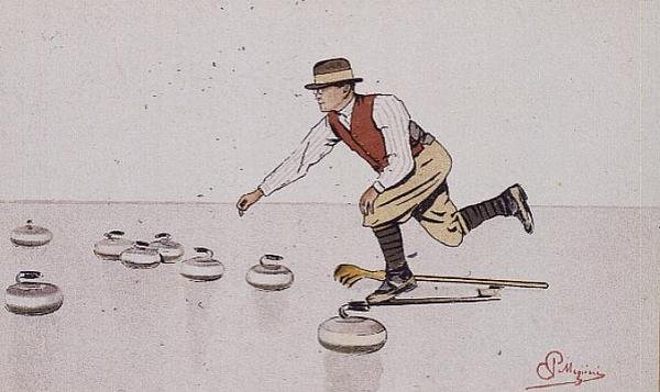 Mężczyzna rzucający kamień w grze w curling (kolor lito) autorstwa Carlo Pellegrini