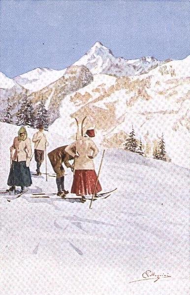 Narciarze zatrzymują się na stoku (litografia kolorowa) autorstwa Carlo Pellegrini
