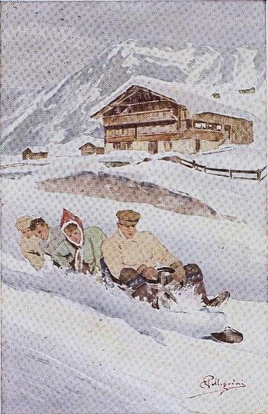 Czteroosobowe saneczki (litografia kolorowa) autorstwa Carlo Pellegrini