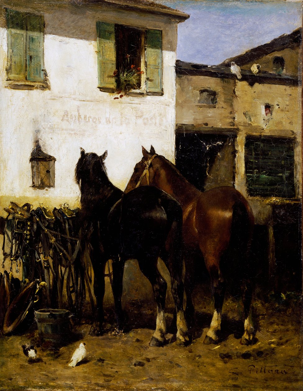 Post-konie, obraz Carlo Pittara (1836-1891), olej na płótnie, 41x32 cm, Włochy autorstwa Carlo Pittara