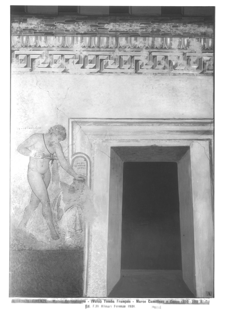 Eteocles and Polynices, rekonstrukcja etruskiego malarstwa ściennego w grobowcu Francois w Vulci z ok. 320-280 pne (malowidło ścienne) (patrz także 212367, 214590, 214591) autorstwa Carlo Ruspi